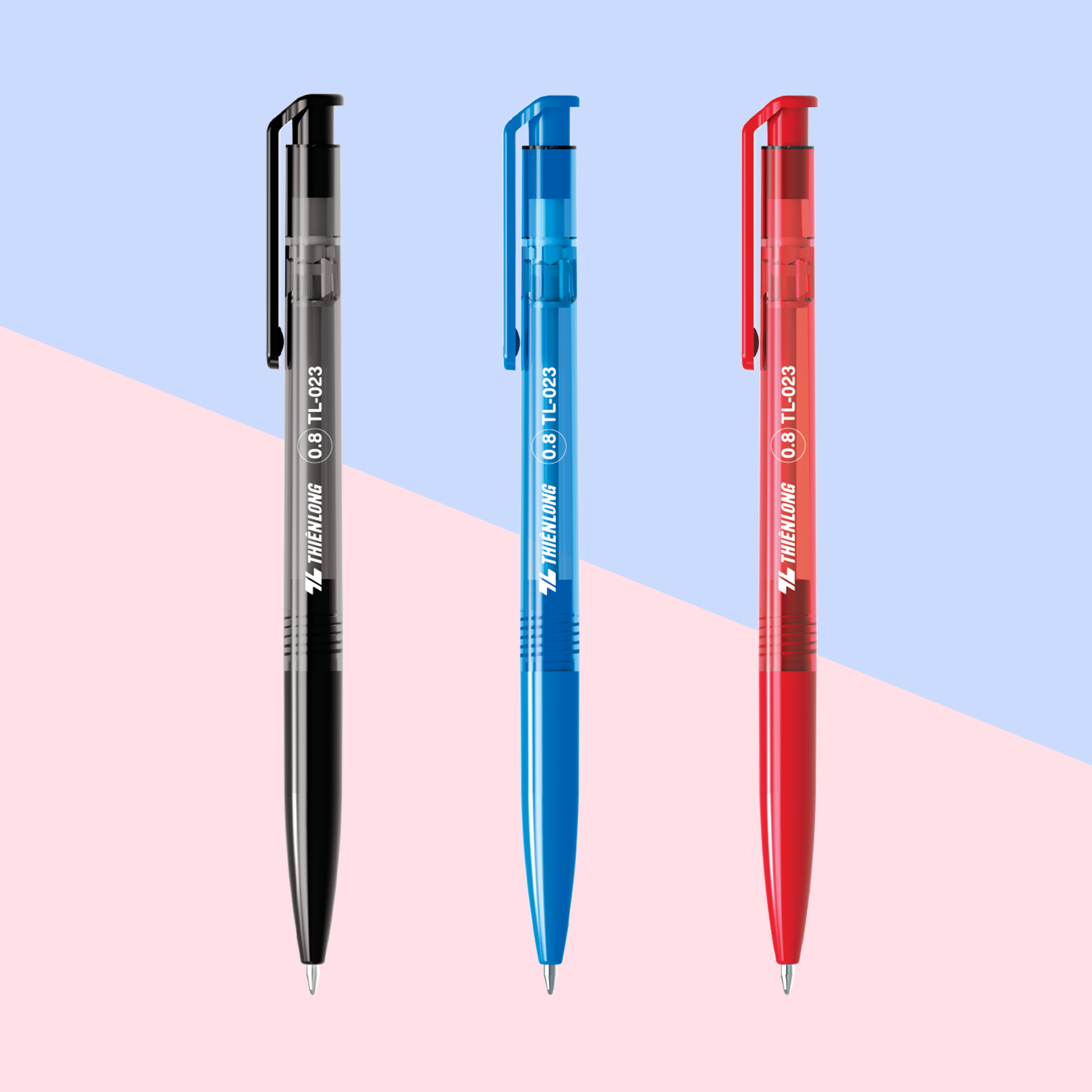  Bút bi Thiên Long TL-023, ngòi 0.5mm, mực xanh đậm, viết êm trơn, thân bút trong suốt với grip cao su êm tay, phù hợp cho học sinh, sinh viên và nhân viên văn phòng 