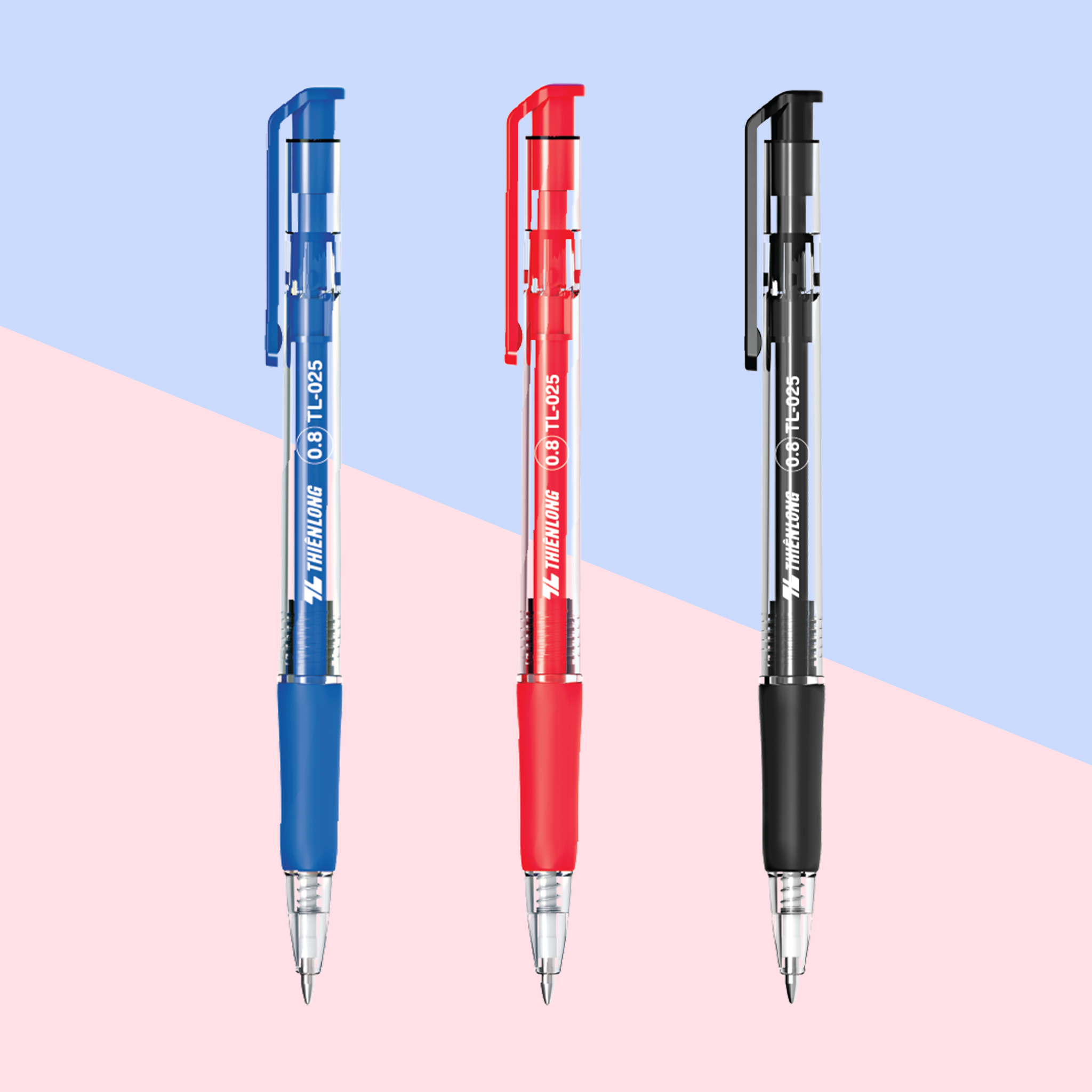  Bút bi Thiên Long TL-025, ngòi 0.5mm, mực xanh đậm, viết trơn mượt, thân bút trong suốt kèm grip cao su êm tay, phù hợp cho học sinh, sinh viên và nhân viên văn phòng 