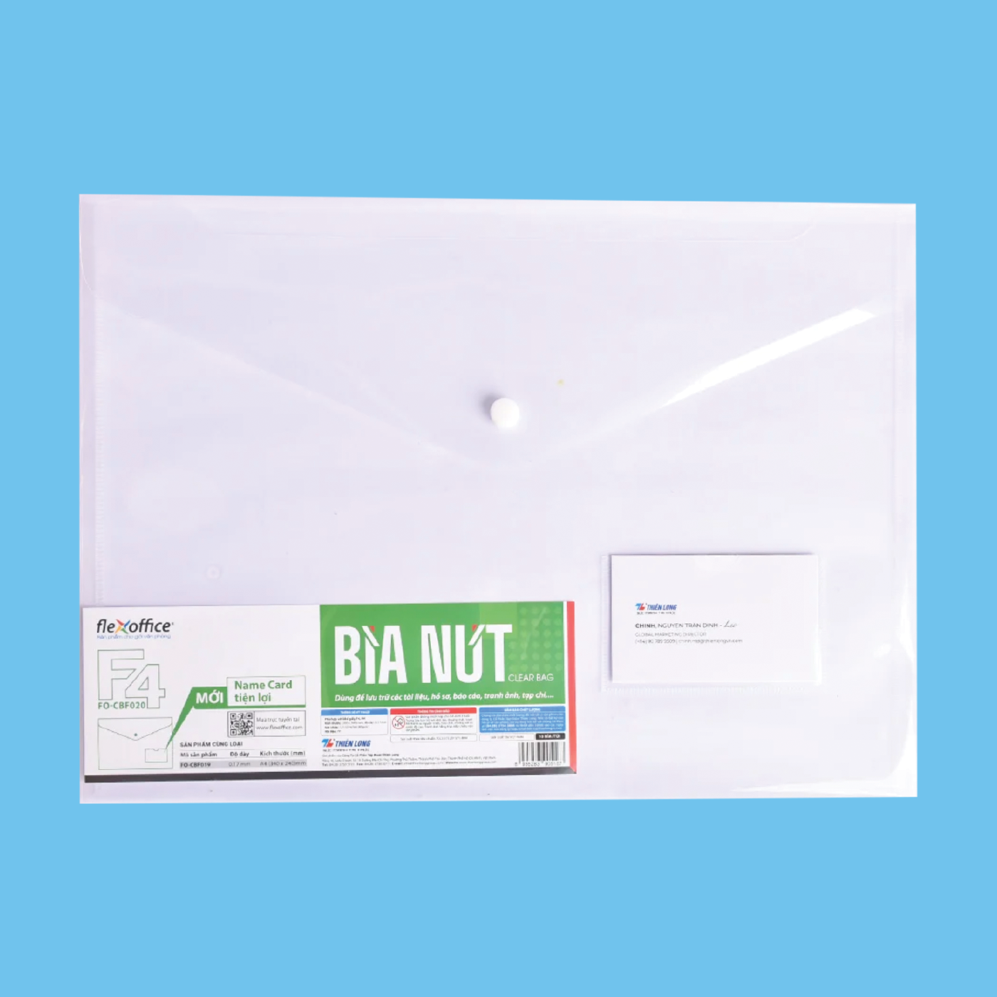 Bìa nút name card F4 Thiên Long FO-CBF020 trong T10, chất liệu nhựa dẻo trong suốt bền đẹp, thiết kế có nút bấm chắc chắn và khe cắm name card tiện lợi, giúp bảo quản giấy tờ an toàn, dễ phân loại và tra cứu 