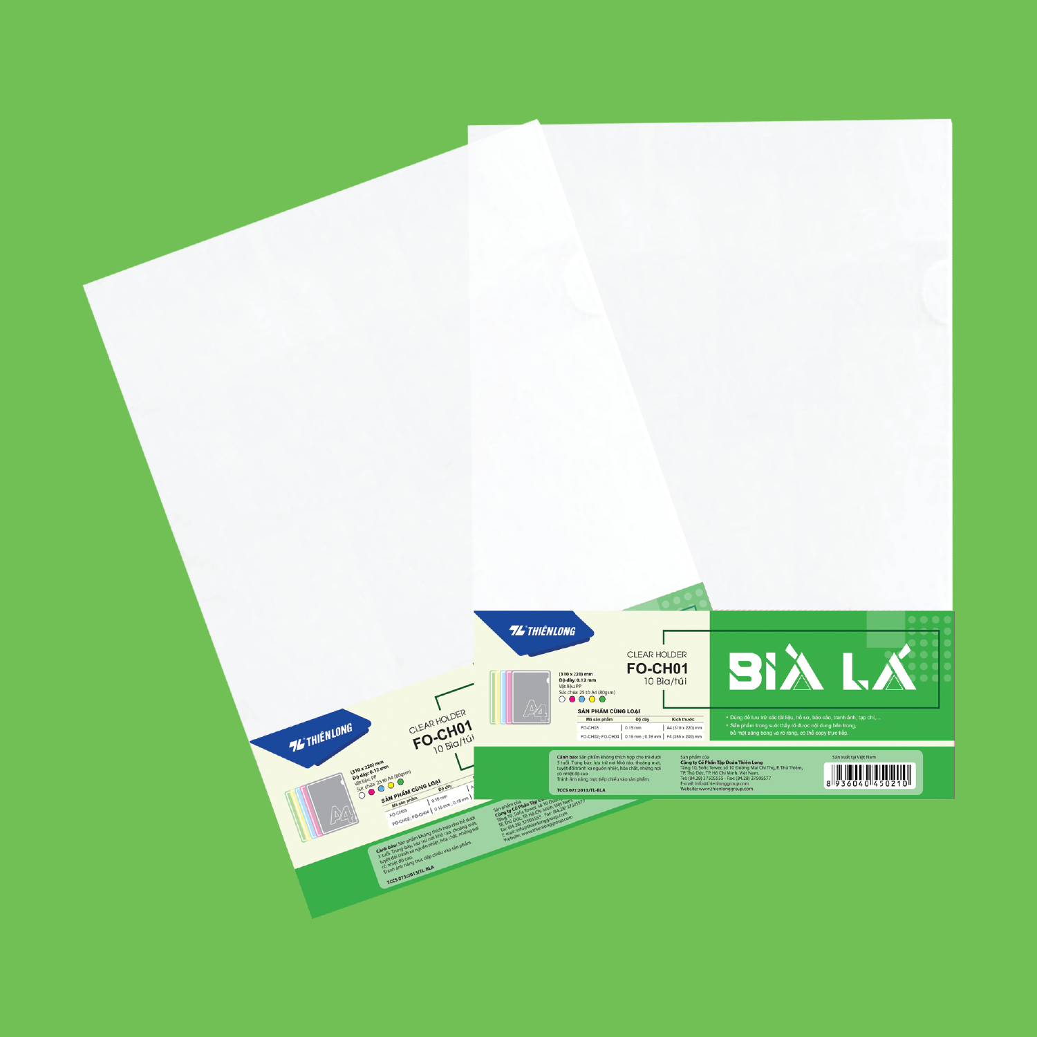  Bìa lá Thiên Long FO-CH01, chất liệu nhựa dẻo trong suốt, bền chắc, kẹp giấy tiện lợi, giúp lưu trữ và bảo quản tài liệu gọn gàng, phù hợp sử dụng cho học sinh, sinh viên và nhân viên văn phòng 