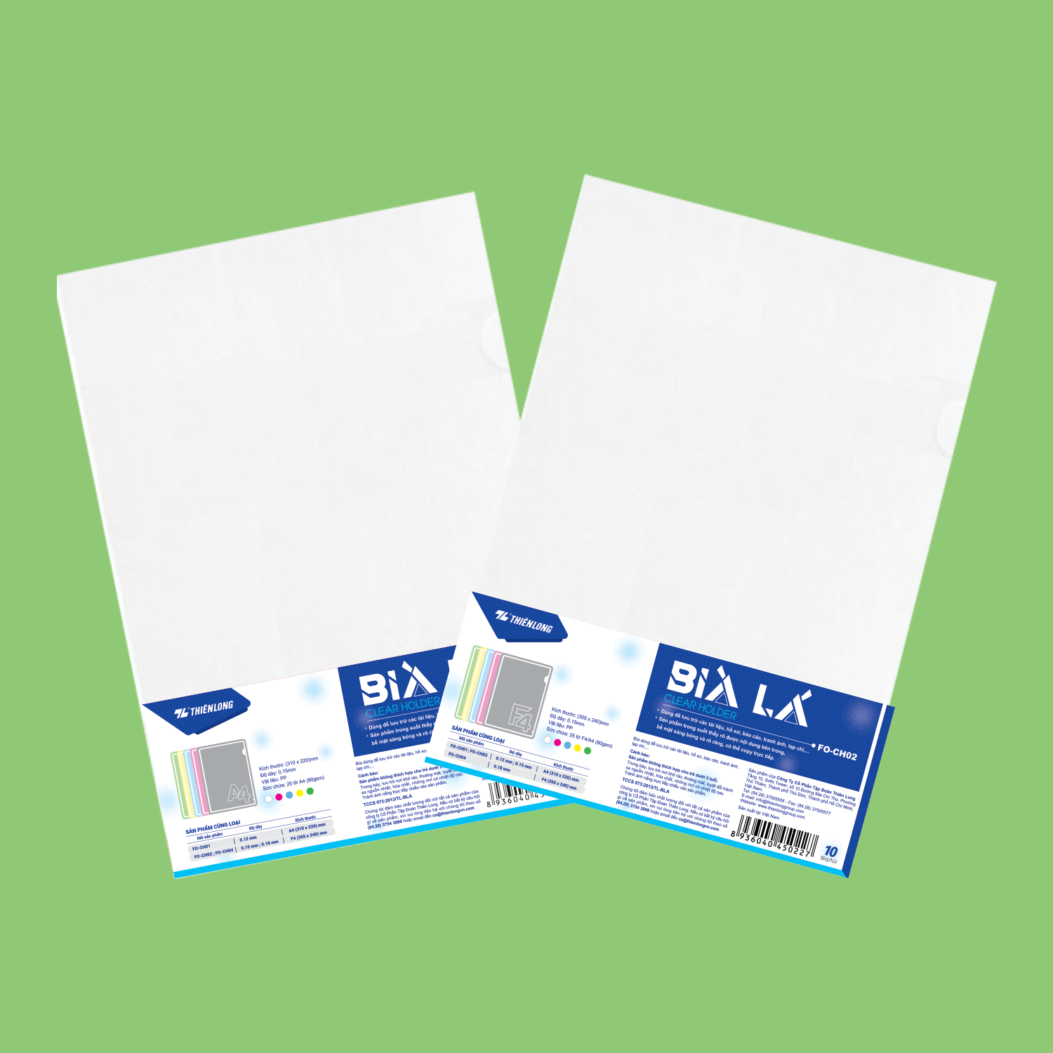  Bìa lá Thiên Long FO-CH02, chất liệu nhựa dẻo trong suốt, bền đẹp, kẹp giấy tiện lợi, giúp lưu trữ tài liệu ngăn nắp, bảo vệ giấy tờ không bị nhàu nát, phù hợp cho học sinh, sinh viên và nhân viên văn phòng 