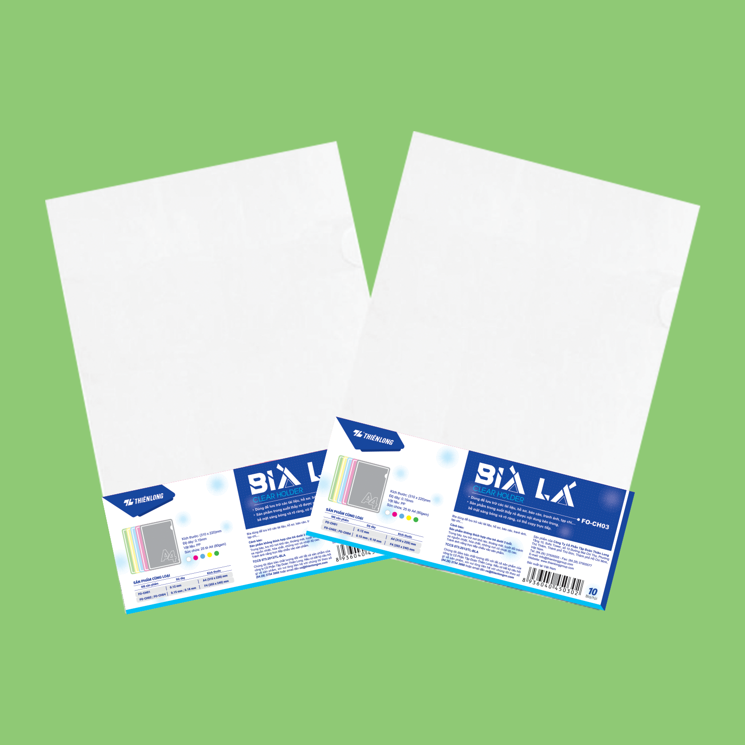  Bìa lá Thiên Long FO-CH03, chất liệu nhựa dẻo trong suốt, độ bền cao, dễ dàng kẹp và bảo quản tài liệu, giúp giữ giấy tờ phẳng phiu và gọn gàng, phù hợp cho học sinh, sinh viên và nhân viên văn phòng 