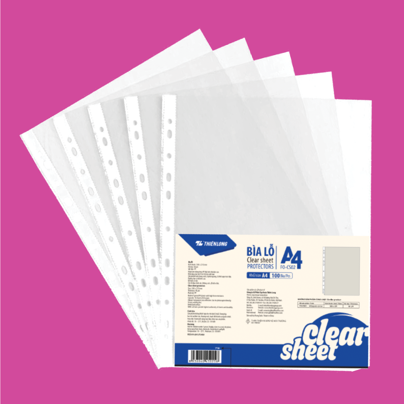  Bìa lỗ Thiên Long FO-CS02, chất liệu nhựa dẻo trong suốt, bền chắc, có lỗ bấm sẵn tiện lợi cho việc cất giữ vào còng và bìa cứng, giúp bảo quản tài liệu gọn gàng, phù hợp cho học sinh, sinh viên và nhân viên văn phòng 