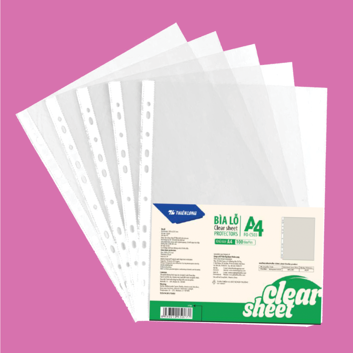  Bìa lỗ Thiên Long FO-CS03, chất liệu nhựa dẻo trong suốt, bền chắc, có sẵn lỗ bấm tiêu chuẩn, dễ dàng lưu trữ trong còng hoặc bìa cứng, giúp bảo quản tài liệu gọn gàng, phù hợp cho học sinh, sinh viên và nhân viên văn phòng 