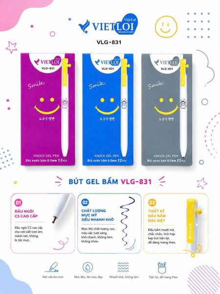 VLG-831B2 Bút nước bấm học sinh hình mặt cười màu xanh ngòi CS0.5 ( 12/144/1728 )
