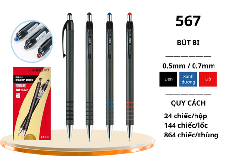 Bút bi Aihao ngòi 0.7mm 567 xanh biển Chính Hãng - Có Tại Hiệu Sách Mai