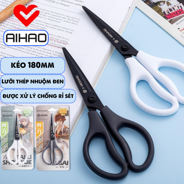 Kéo học sinh và văn phòng lưỡi đen 180mm AIHAO SS0024 Chính Hãng - Có Tại Hiệu Sách Mai