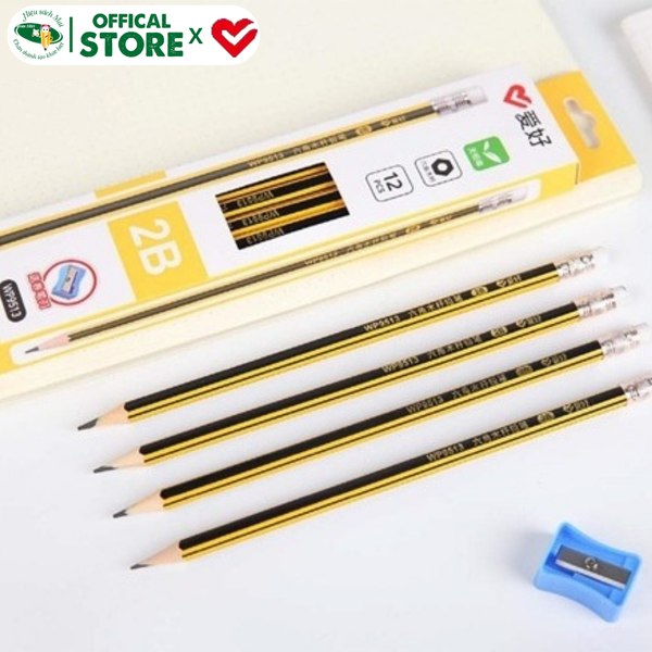 Bút chì 2B/HB Aihao có tẩy kèm gọt Chính Hãng - Có Tại Hiệu Sách Mai
