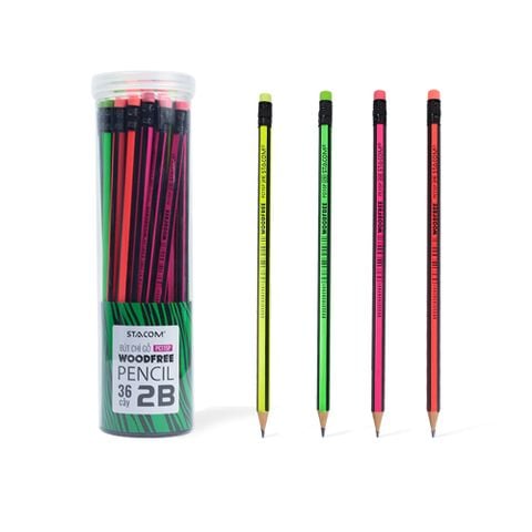 Bút chì WOODFREE thân màu, sọc đen (có tẩy) - 2B PC115P (12/144/2880)