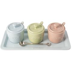  Bộ 3 hũ sứ macaron Staub có nắp 200ml kèm khay thìa đựng gia vị 