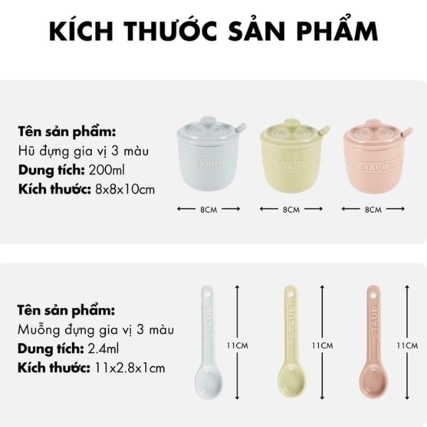 Bộ 3 hũ sứ macaron Staub có nắp 200ml kèm khay thìa đựng gia vị