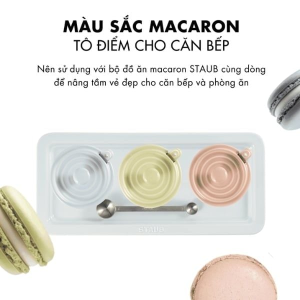 Bộ 3 hũ sứ macaron Staub có nắp 200ml kèm khay thìa đựng gia vị