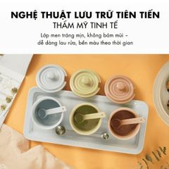  Bộ 3 hũ sứ macaron Staub có nắp 200ml kèm khay thìa đựng gia vị 