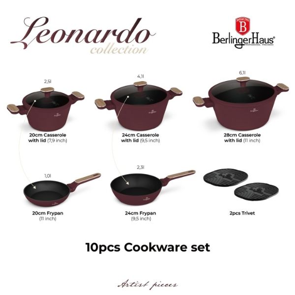 Bộ nồi Berlinger Haus BH/8305 màu đỏ - Leonardo collection 10 chi tiết