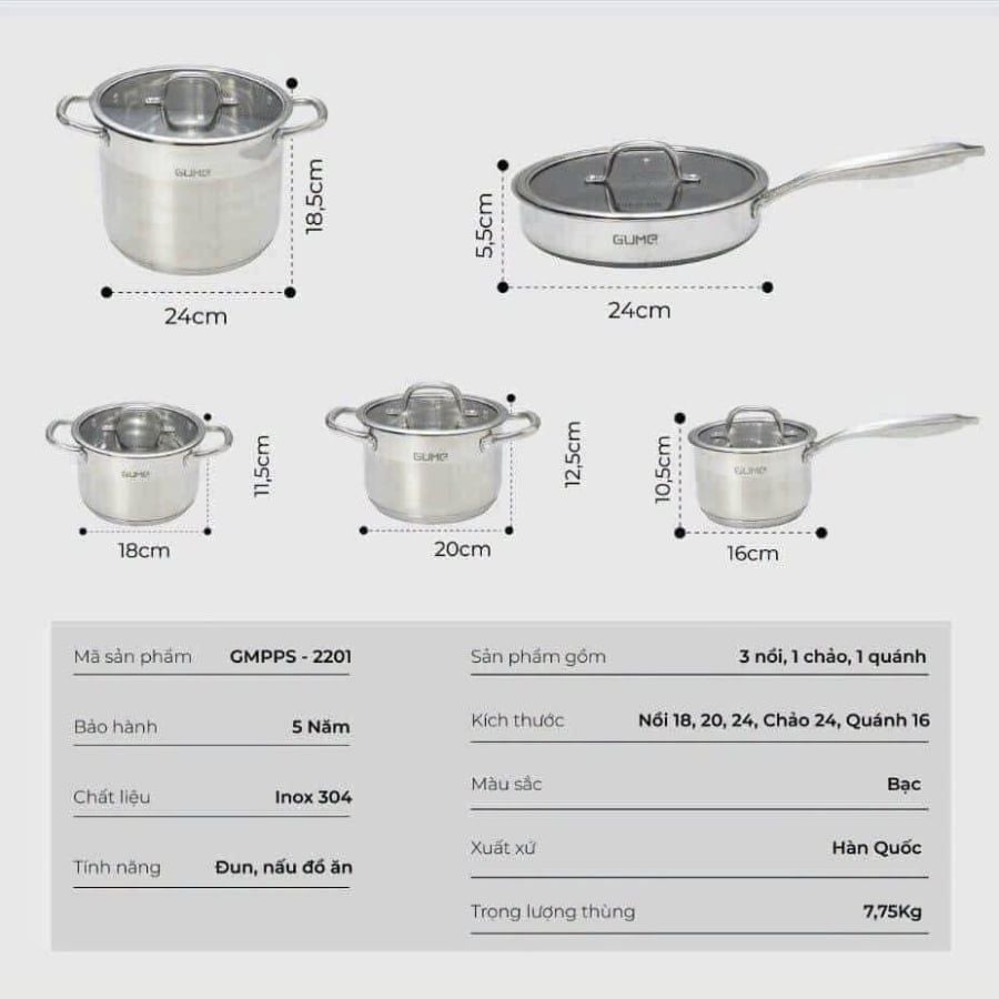 Bộ nồi chảo inox đáy 5 lớp Gume GMPPS-2201 Korea Dùng cho mọi loại bếp