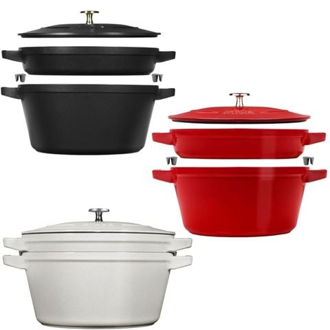 Bộ nồi gang kèm chảo Staub 24cm 2in1 - Màu trắng (nồi 4L, chảo 1.9L)