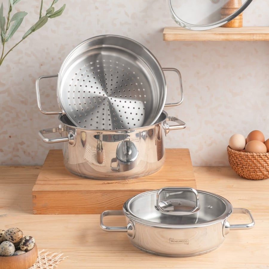 Chảo inox trong Bộ nồi Michelangelo Euroshine 6 món nắp kính truyền nhiệt nhanh