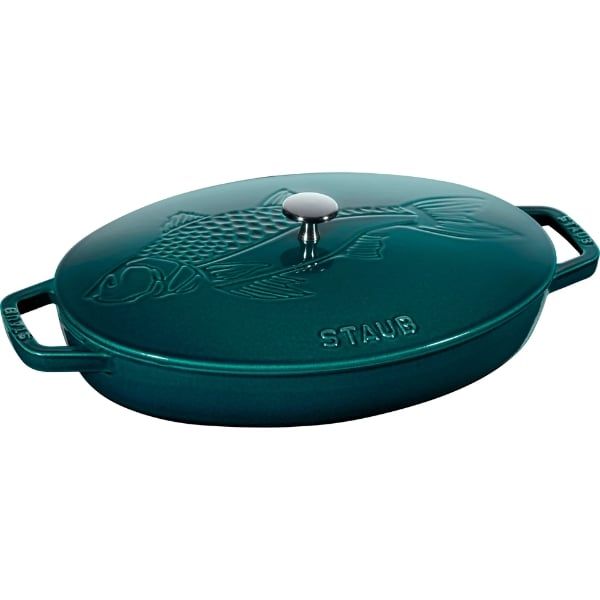 Chảo gang oval Staub nắp cá 32cm - Màu xanh Lamer