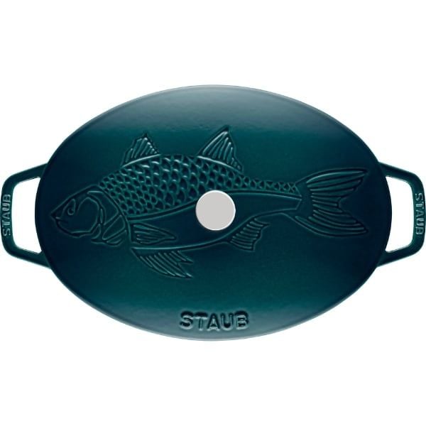 Chảo gang oval Staub nắp cá 32cm - Màu xanh Lamer