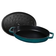  Chảo gang oval Staub nắp cá 32cm - Màu xanh Lamer 