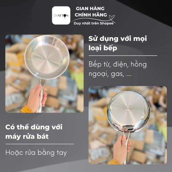 Chảo inox cán dài Oyatton 16cm/ 20cm inox 304 đúc nguyên khối