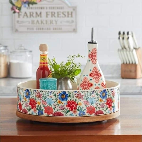 Khay sứ đế gỗ tròn xoay The Pioneer Woman Brilliant Blooms 32.5cm