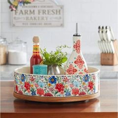  Khay sứ đế gỗ tròn xoay The Pioneer Woman Brilliant Blooms 32.5cm 