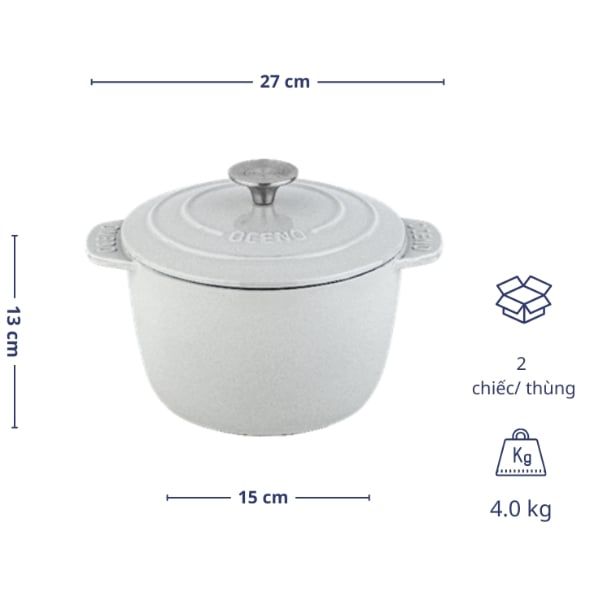 Nồi gang Oceno 20cm (cao 13cm) thành cao - Màu Trắng