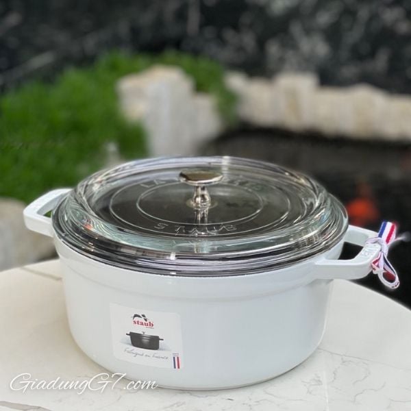 Nồi gang Staub  24cm 3.7L vung kính - Màu Trắng