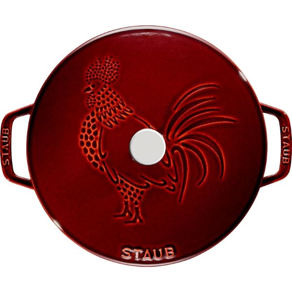 Nồi gang tròn Staub 24cm 3.7L nắp hình gà - Màu Đỏ Rượu