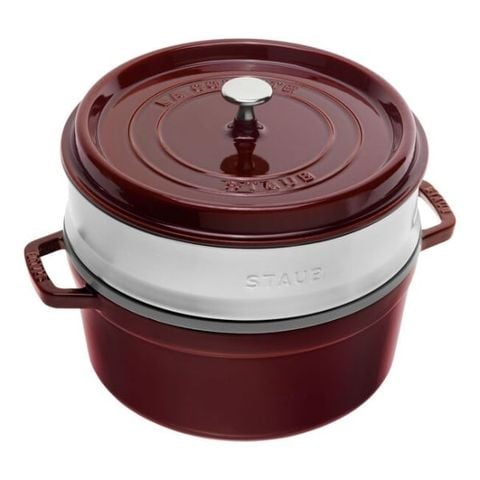 Nồi gang tròn Staub 26cm kèm xửng hấp 5.2L - Màu Đỏ Mận Chín