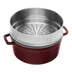  Nồi gang tròn Staub 26cm kèm xửng hấp 5.2L - Màu Đỏ Mận Chín 