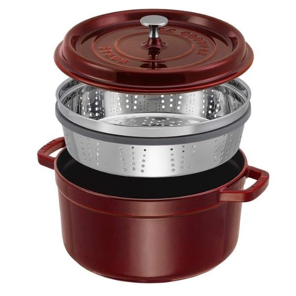 Nồi gang tròn Staub 26cm kèm xửng hấp 5.2L - Màu Đỏ Mận Chín