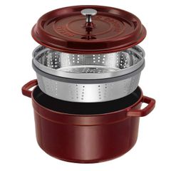  Nồi gang tròn Staub 26cm kèm xửng hấp 5.2L - Màu Đỏ Mận Chín 