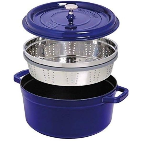 Nồi gang tròn Staub 26cm kèm xửng hấp 5.2L - Xanh Dark blue