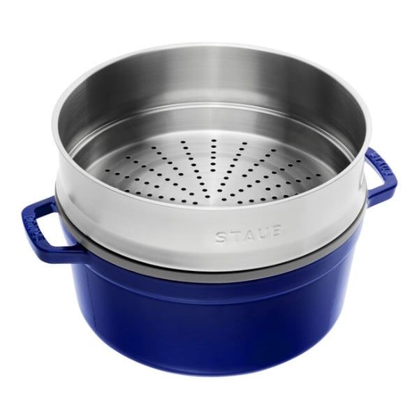 Nồi gang tròn Staub 26cm kèm xửng hấp 5.2L - Xanh Dark blue