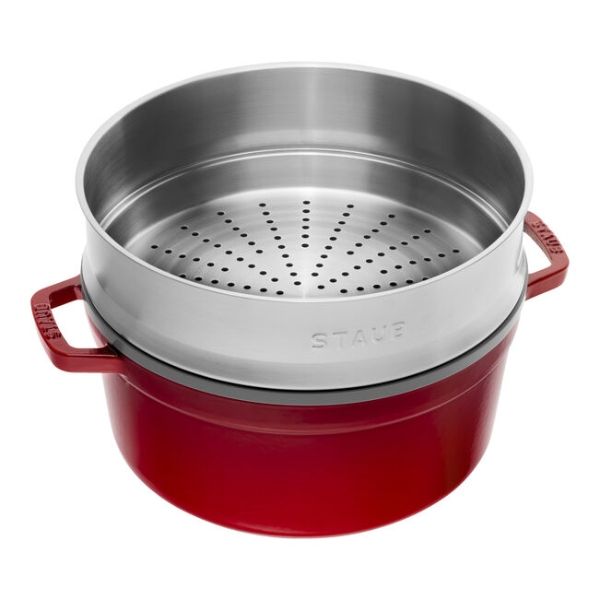 Nồi gang tròn Staub 26cm kèm xửng hấp 5.2L - Màu Đỏ