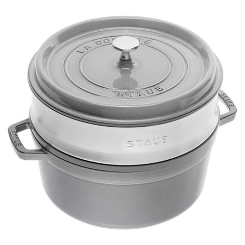 Nồi gang tròn Staub 26cm kèm xửng hấp 5.2L - Màu Ghi