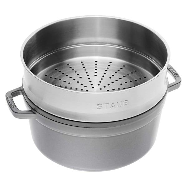 Nồi gang tròn Staub 26cm kèm xửng hấp 5.2L - Màu Ghi Xám