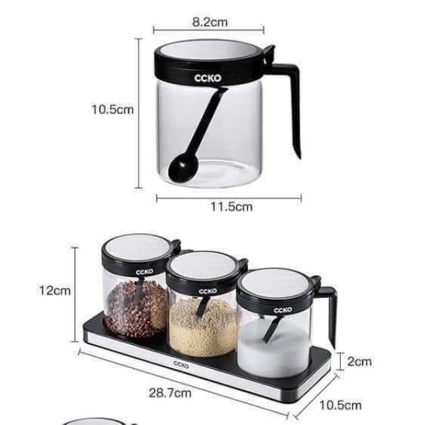Set 3 hũ đựng gia vị thủy tinh CCKO có tay cầm kèm khay