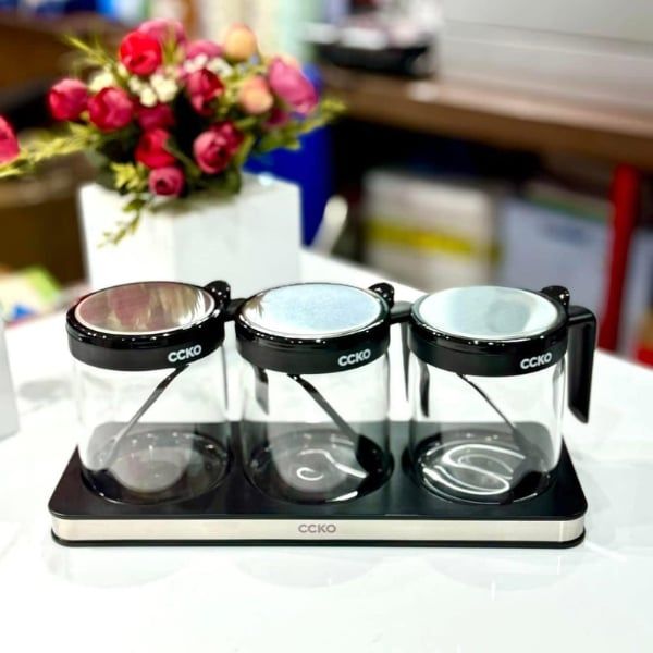 Set 3 hũ đựng gia vị thủy tinh CCKO có tay cầm kèm khay