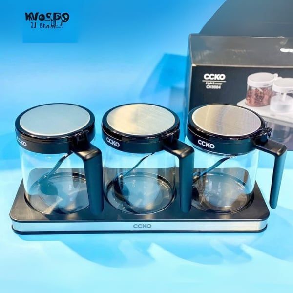 Set 3 hũ đựng gia vị thủy tinh CCKO có tay cầm kèm khay