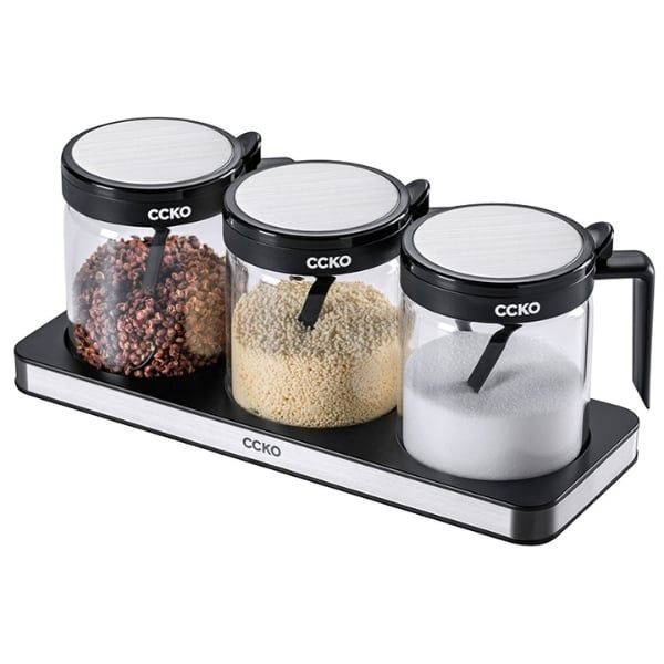 Set 3 hũ đựng gia vị thủy tinh CCKO có tay cầm kèm khay