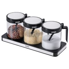 Set 3 hũ đựng gia vị thủy tinh CCKO có tay cầm kèm khay 
