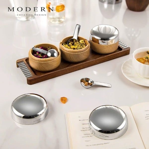 Set 3 hũ gia vị Modern nắp inox kèm khay