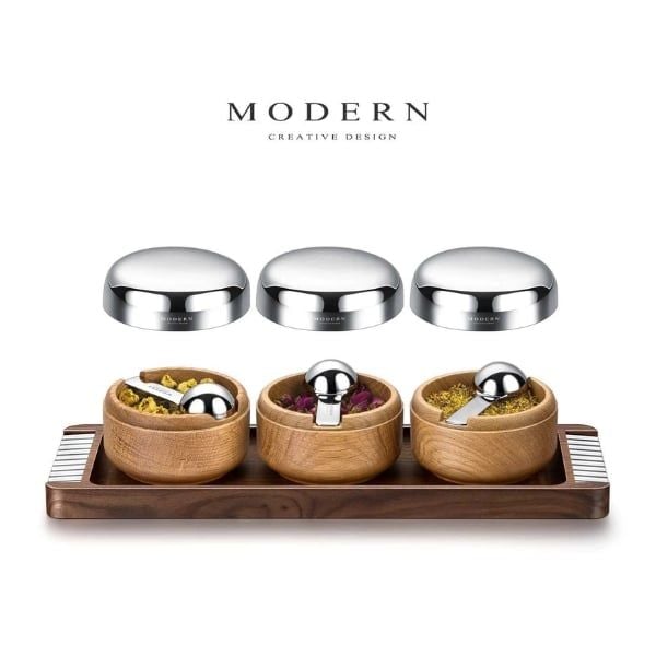 Set 3 hũ gia vị Modern nắp inox kèm khay