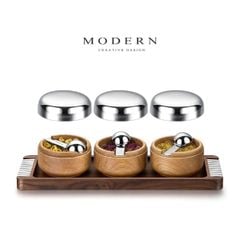  Set 3 hũ gia vị Modern nắp inox kèm khay 