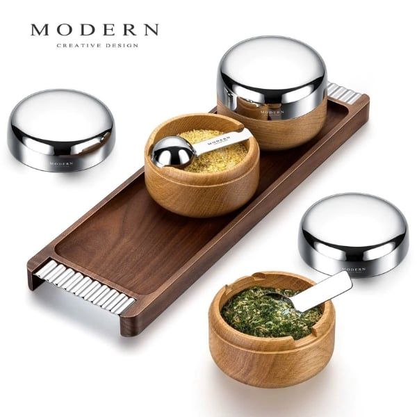 Set 3 hũ gia vị Modern nắp inox kèm khay