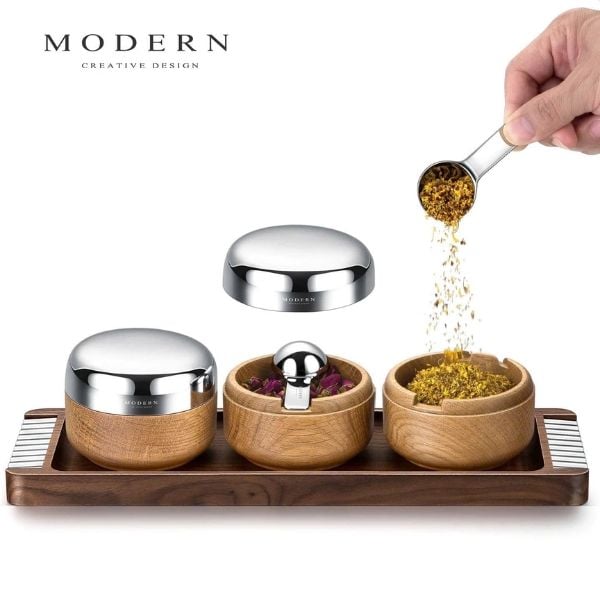 Set 3 hũ gia vị Modern nắp inox kèm khay
