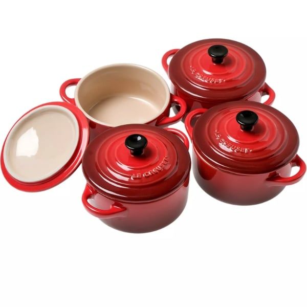 Set 4 thố có nắp LeCreuset mini - 2 đỏ, 2 cam